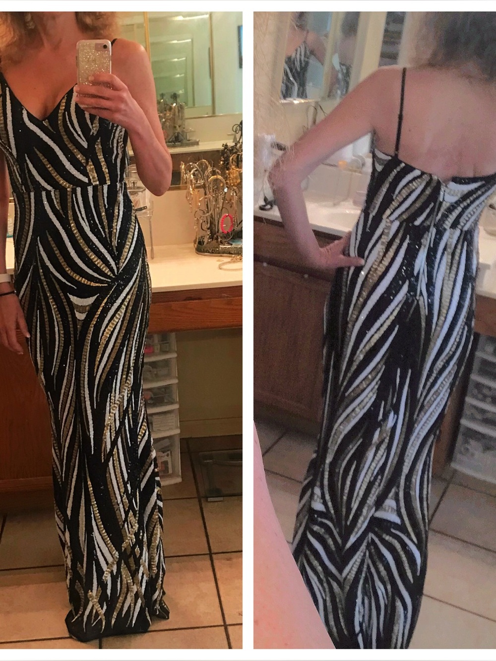 Elegant Black Sequin Evening Gown with Gold and White Accents size 8